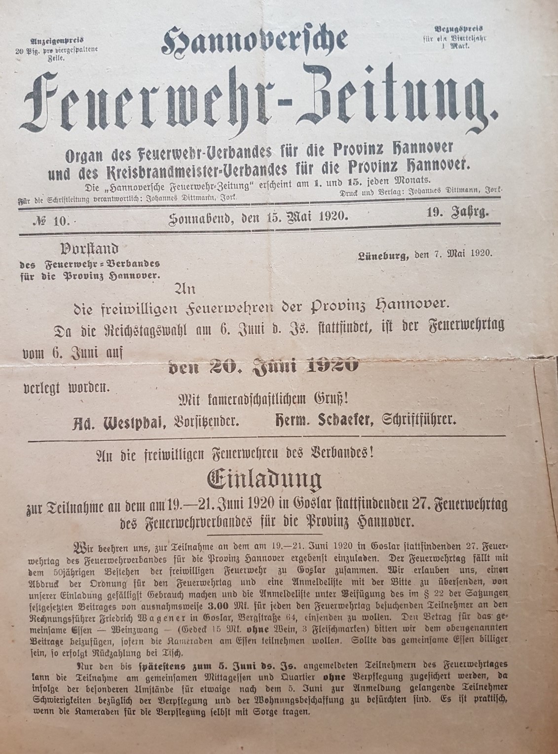 Fw-Zeitung 15. Mai 1920 Titel